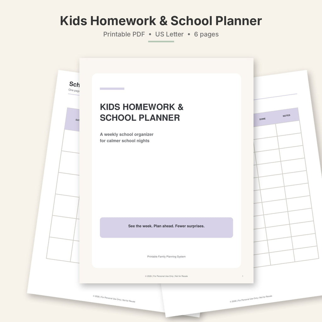 Kids Homework & School Week Planner