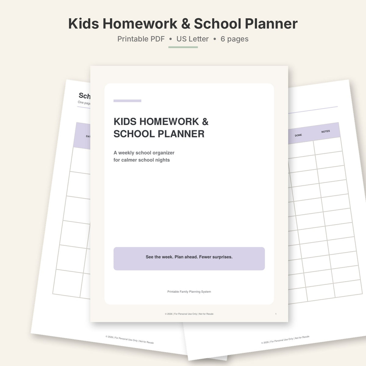 Kids Homework & School Week Planner