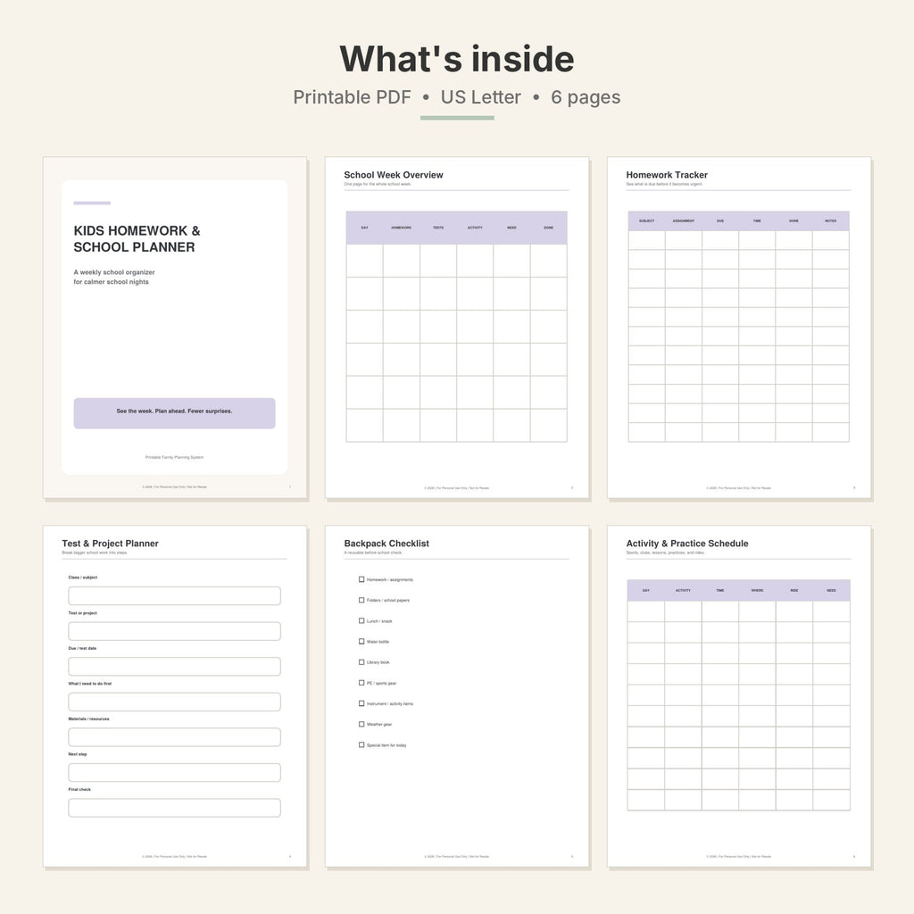 Kids Homework & School Week Planner